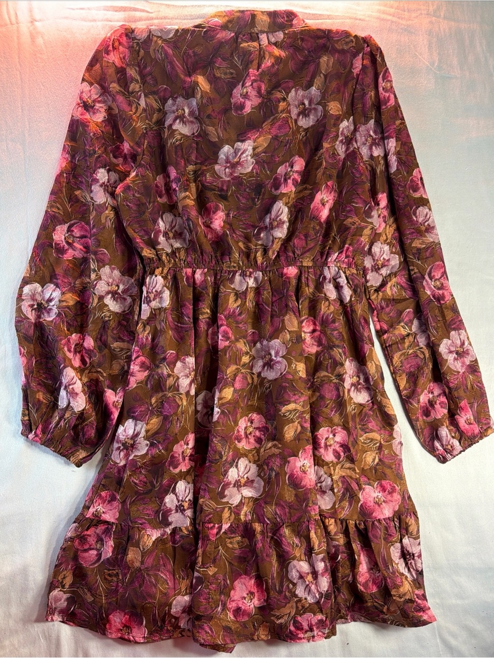 Floral Long Sleeve Tiered Dress - Pink & Brown